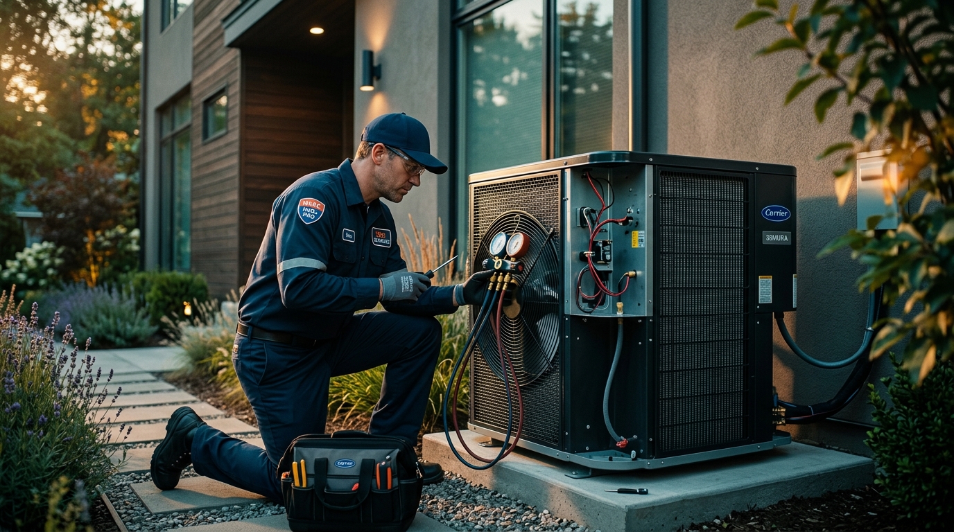 Professional HVAC technician servicing a modern air conditioning system